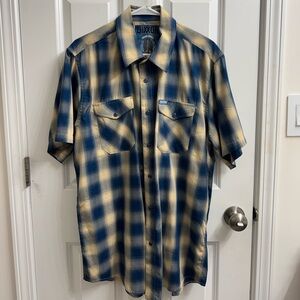 DIXXON Shirt Men's LARGE Blue Plaid Short Sleeve Pearl Snap The Stern Bamboo